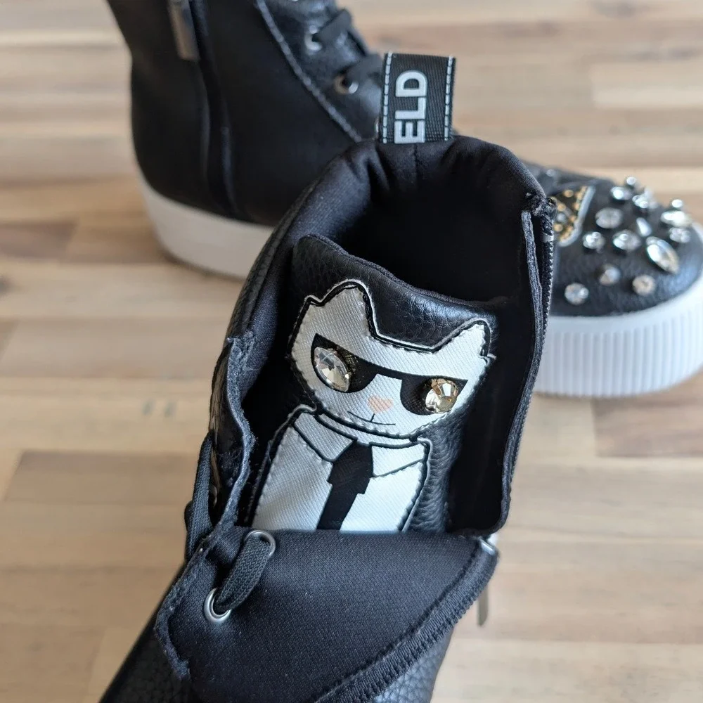 Karl Lagerfeld Paris Womens Embellished High Top Sneakers Leather Platform Sz 7.